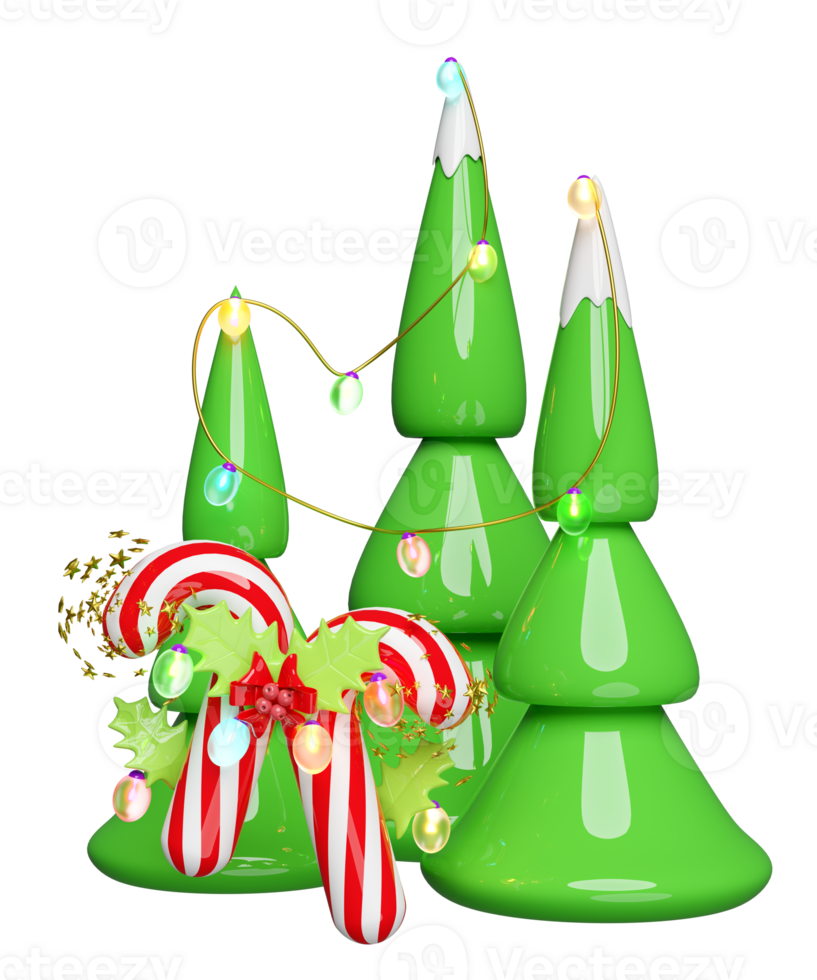 candy cane with red bow, holly berry leaves, christmas tree, glass transparent lamp garlands. merry christmas and happy new year, 3d render illustration png