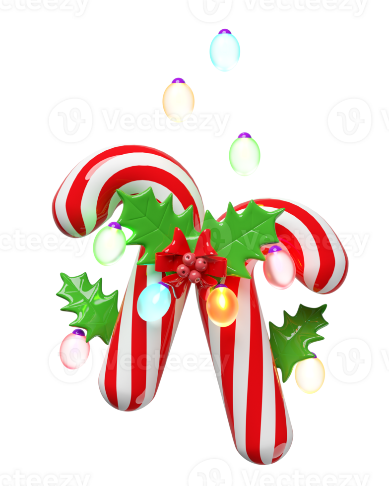 candy cane with red bow, holly berry leaves, glass transparent lamp. merry christmas and happy new year, 3d render illustration png