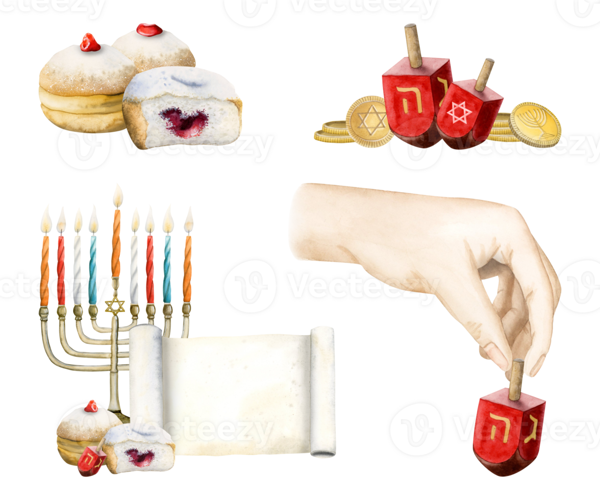 Hanukkah symbols watercolor illustration set. Jewish sufganiyot donuts, menorah with candles, dreidel, Torah scroll and coins png