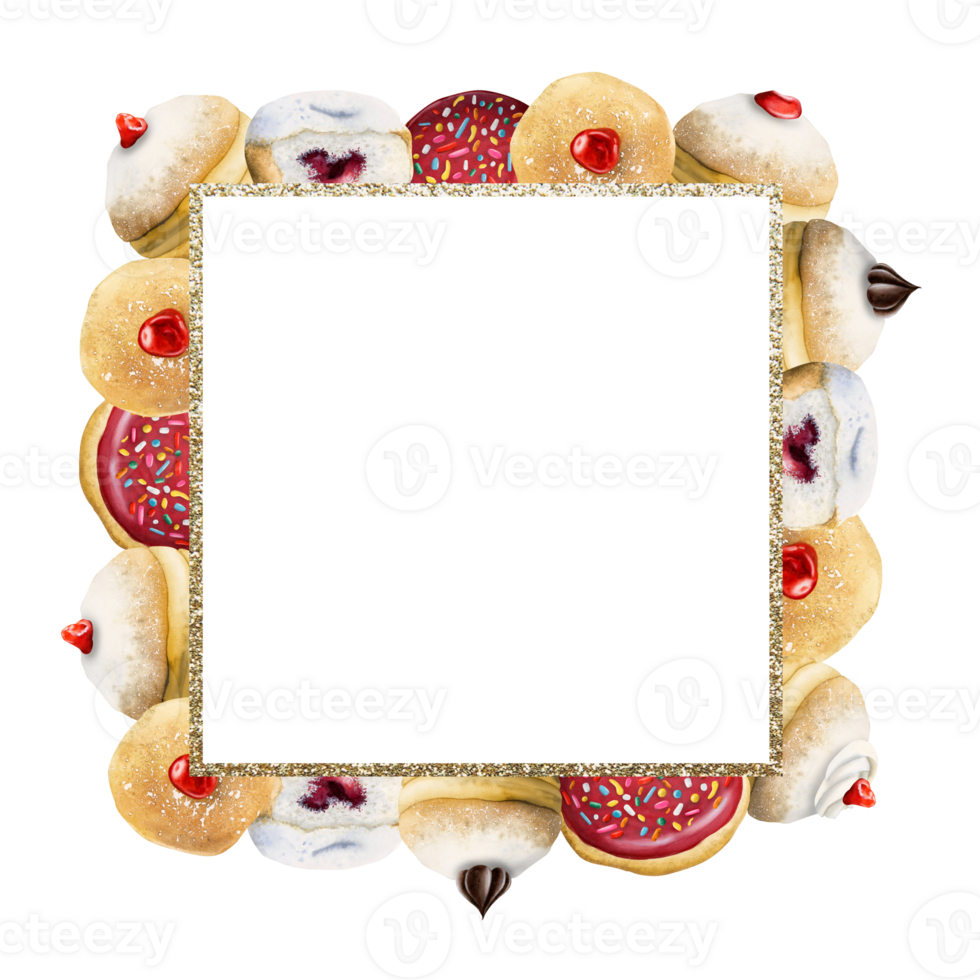 Sweet donuts square frame watercolor illustration for Jewish Hanukkah greeting cards, flyers, menus and sticker png