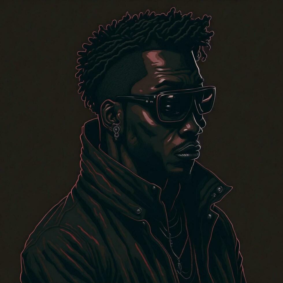 Illustration of a black rapper in a purple and green duotone style, ai generative photo