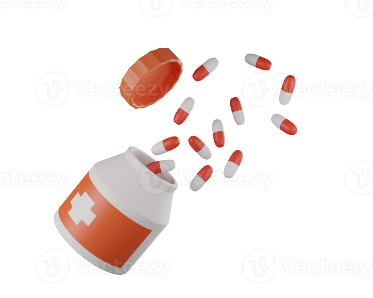 Medicine bottle with pills and capsules floating out for medical use, 3D rendering png