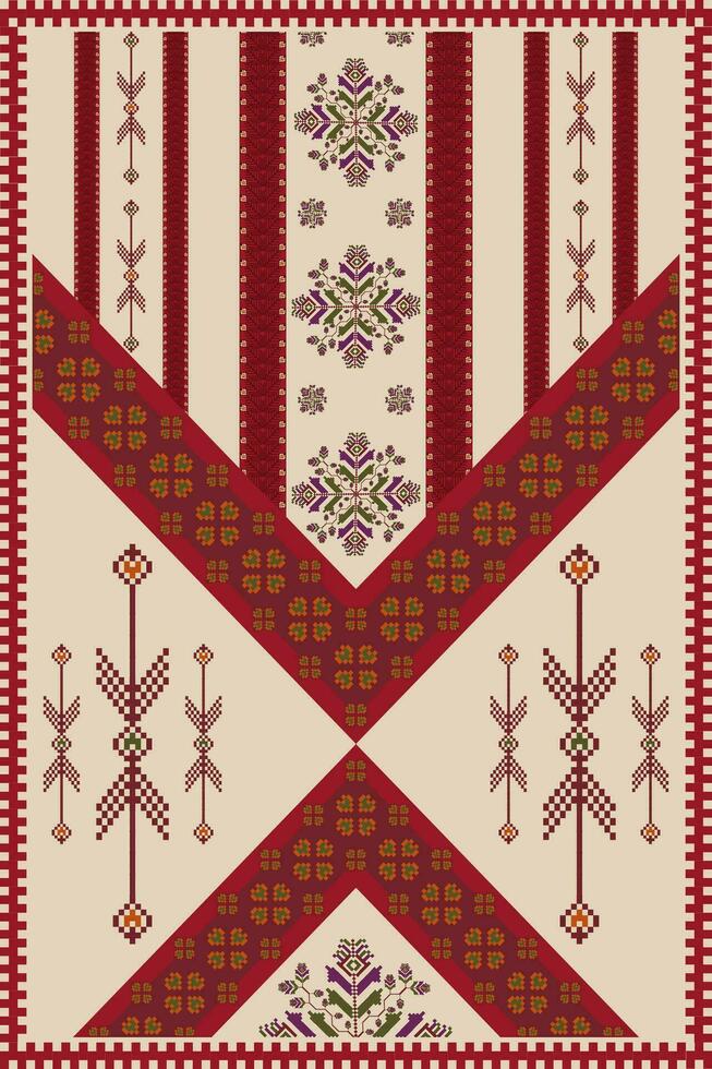 Ethnic carpet, rug, wall tapestry embroidery pattern. Ethnic geometric pattern pixel art style. Ethnic geometric stitch pattern use for home decoration elements, wall decorative ornaments, etc. vector