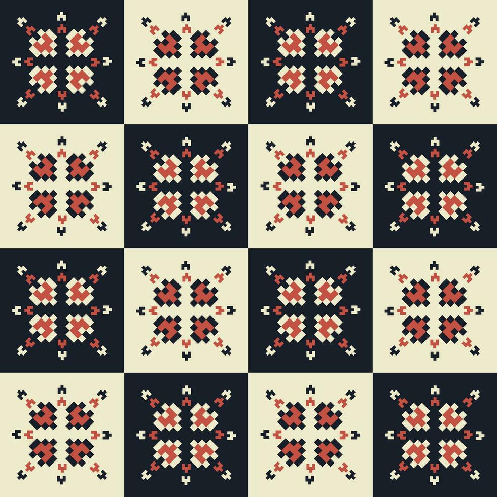 Geometric pixel art tablecloth pattern. Geometric floral shape seamless checkered pattern pixel art style. Colorful geometric pattern use for textile, home decoration elements, upholstery, etc. vector