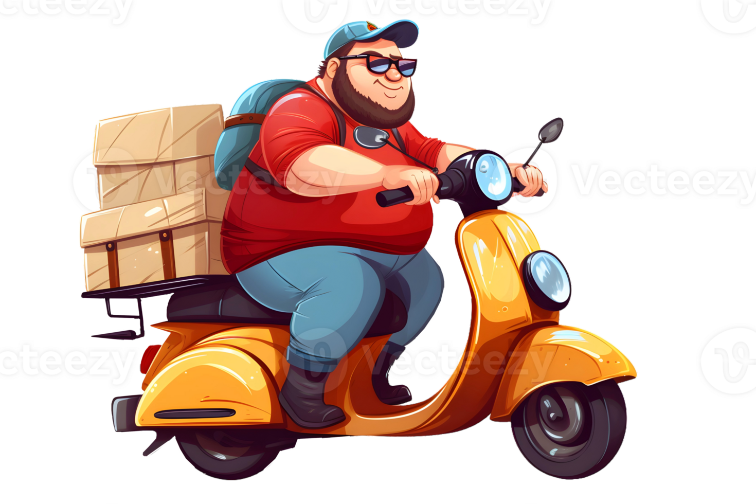 Delivery funny hipster fat man in googles on scooter. AI Generative png
