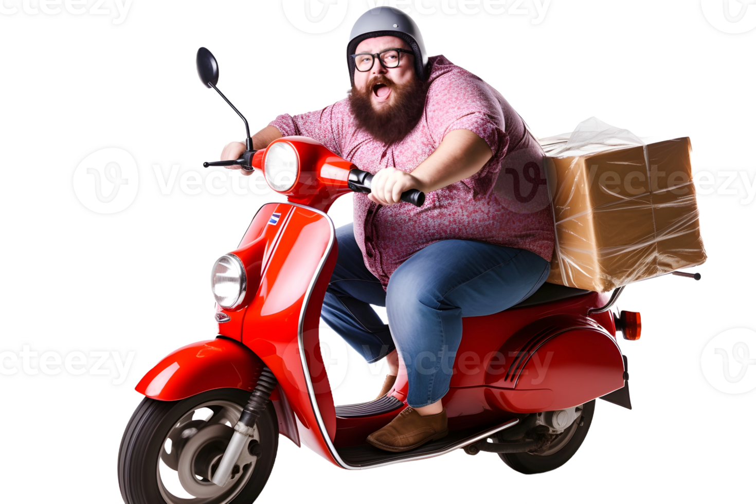 AI Generative image delivery funny hipster fat man in googles and helmet on scooter png
