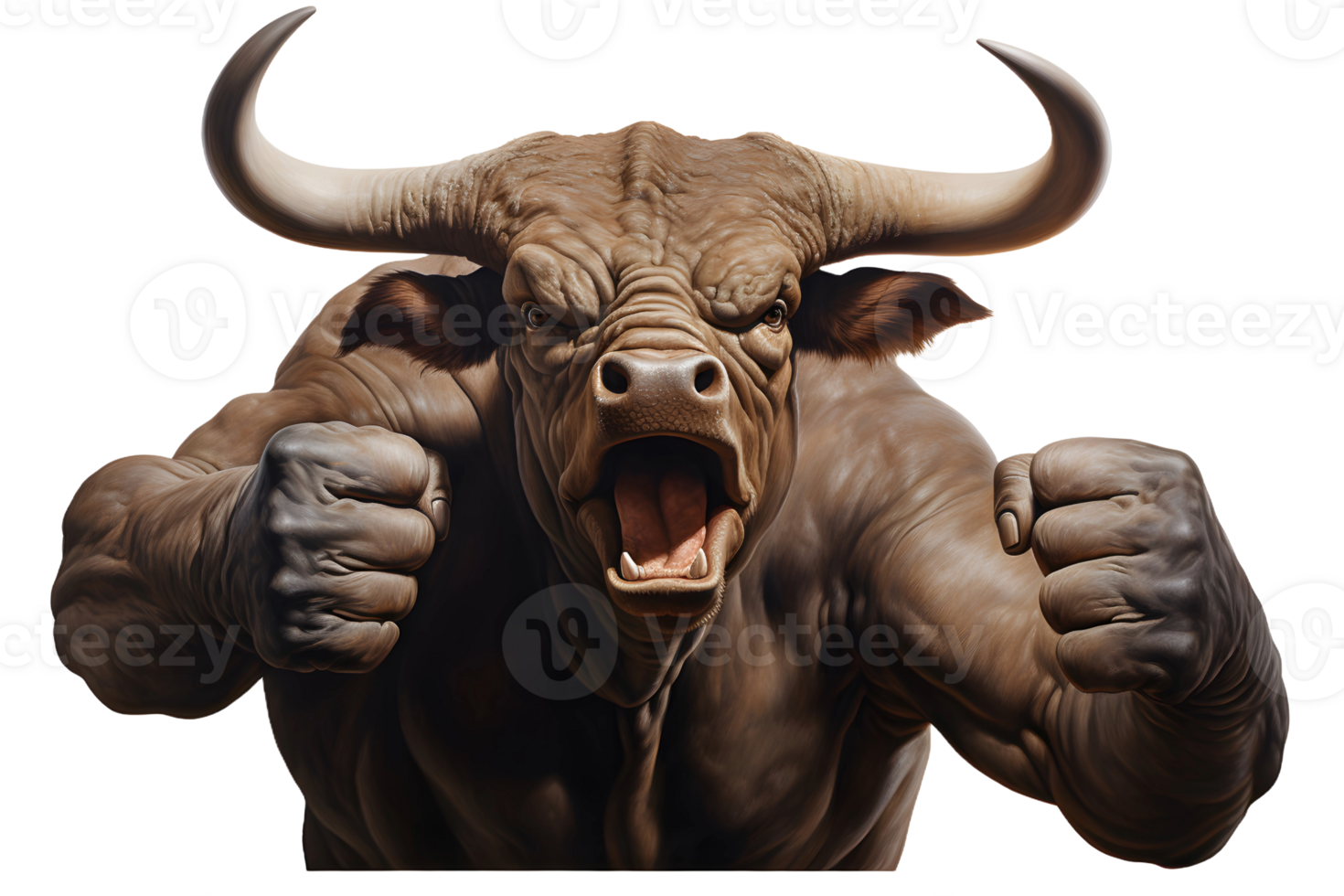 AI Generative agressive bull with muscular human hands. png