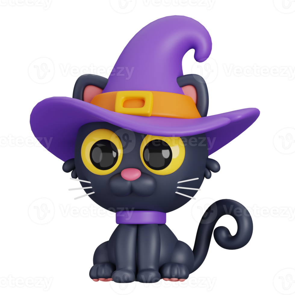 Funny Halloween cartoon character Witch cat isolated. 3d render illustration png