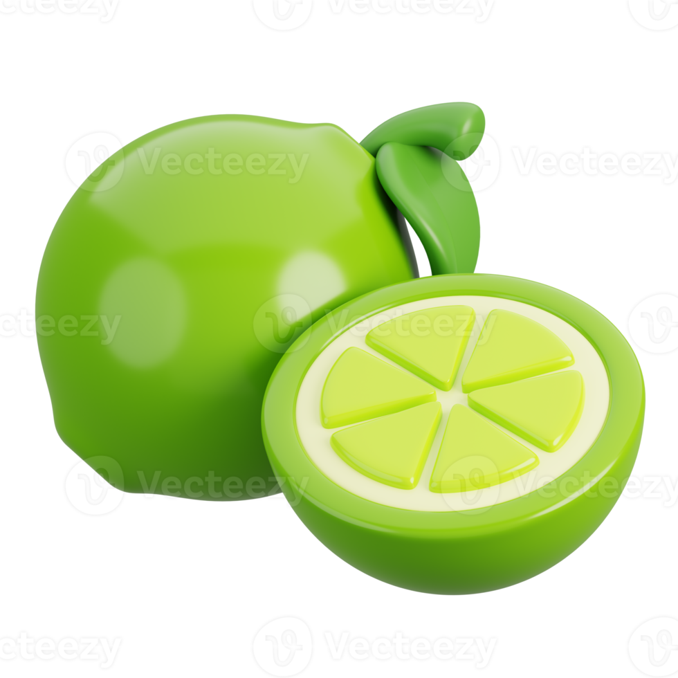 Fresh lime with cut in half isolated. Cartoon fruits icon. 3d render illustration. png