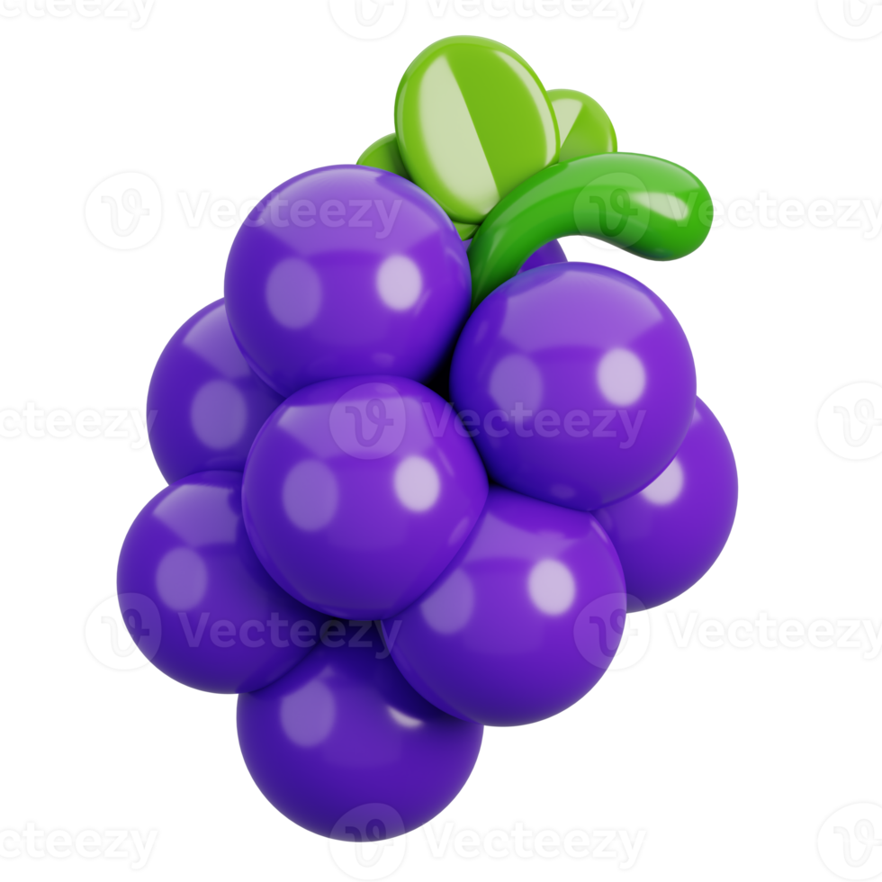 Fresh blue grape with leaves isolated. Cartoon fruits icon. 3d render illustration. png