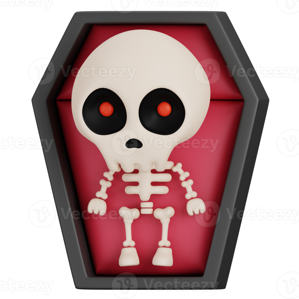 Funny Halloween Cartoon Character Skeleton in Coffin isolated. 3d Render Illustration png