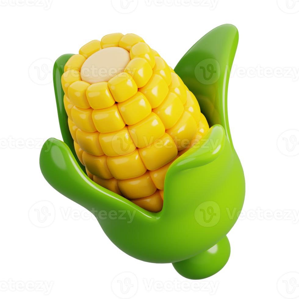 Single ear of corn isolated. Cartoon fruits icon. 3d render illustration. png