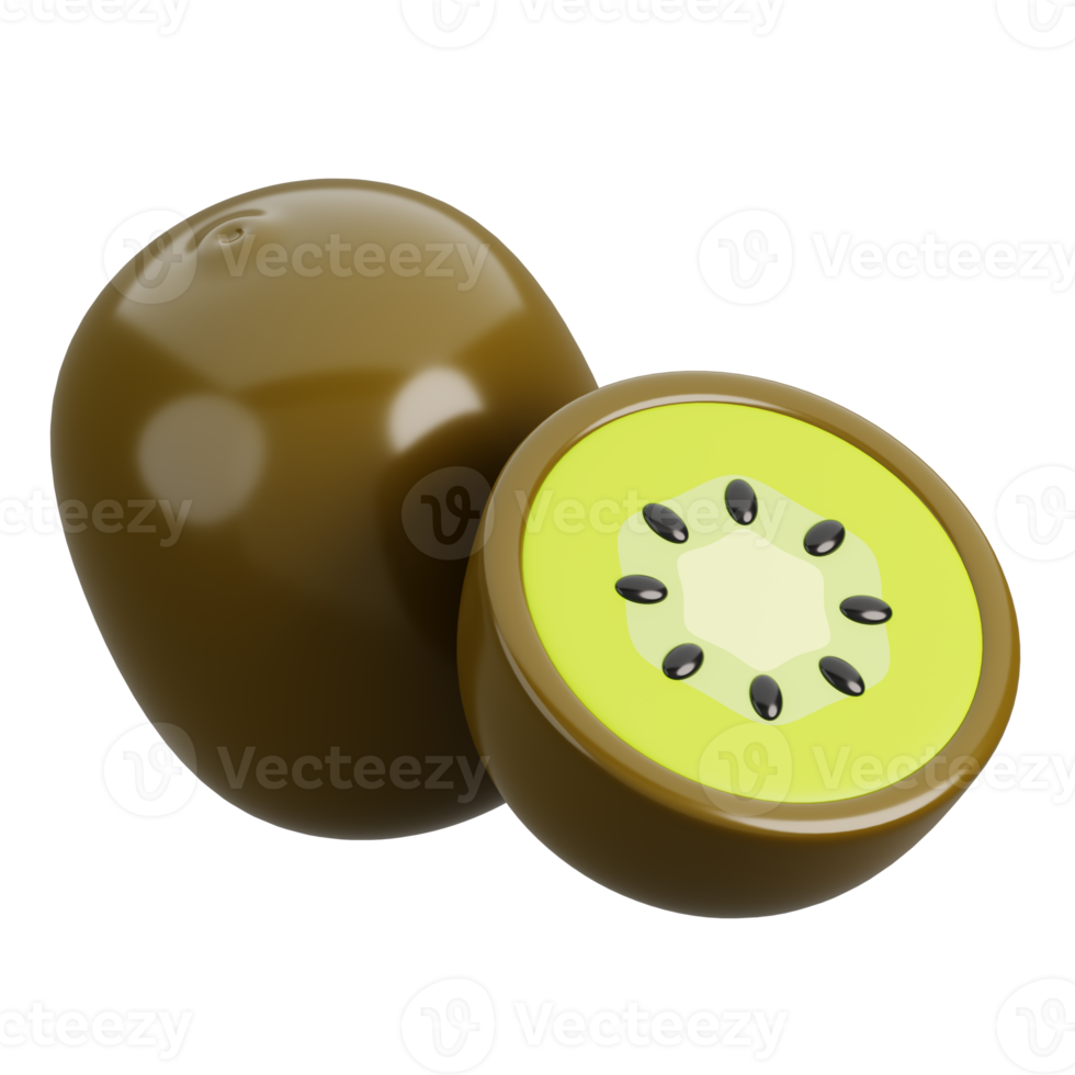 Fresh kiwi fruit with cut in half isolated. Cartoon fruits icon. 3d render illustration. png