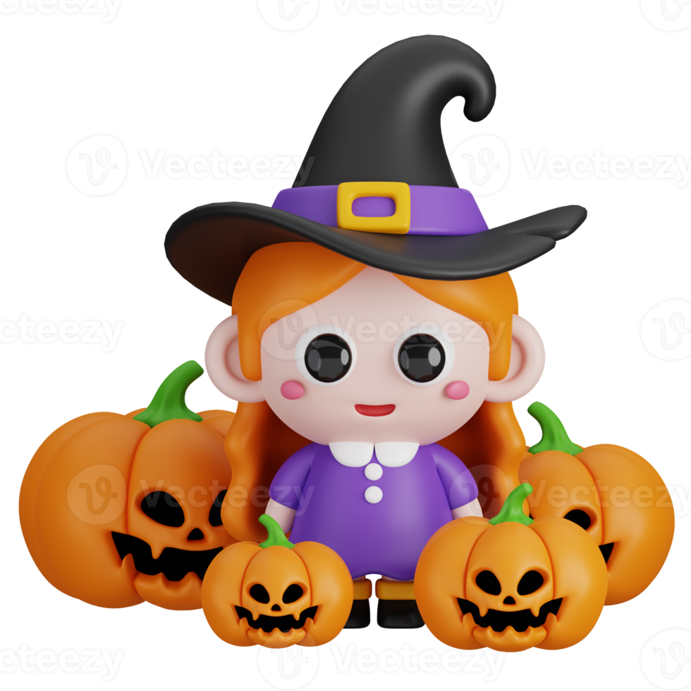 Funny Halloween Cartoon Character Cute Witch Girl and Pumpkin Lanterns isolated. 3d Render Illustration png