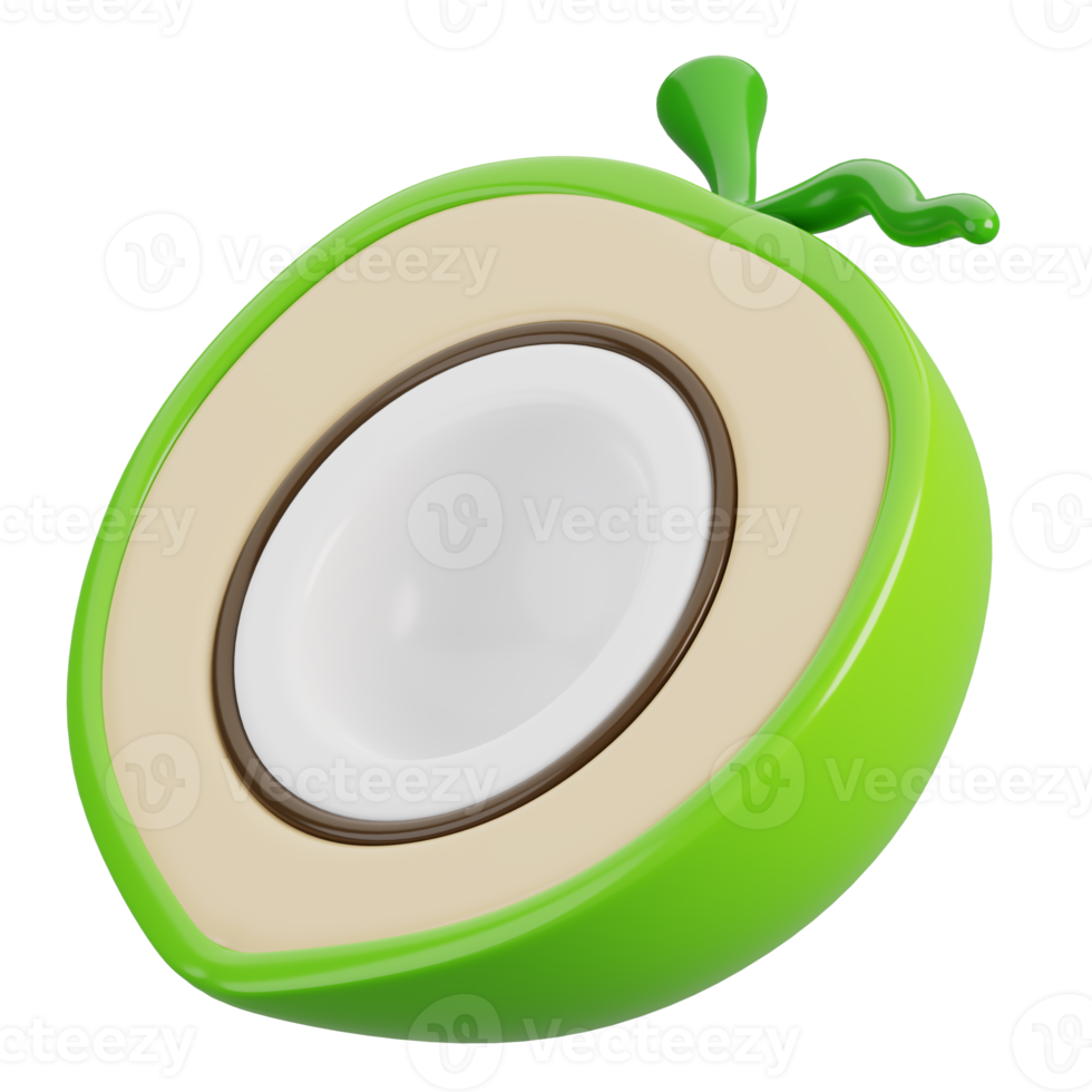 Fresh half of coconut isolated. Cartoon fruits icon. 3d render illustration. png