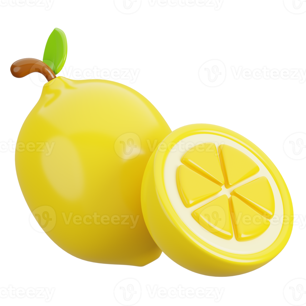 Fresh Lemon with cut in half isolated. Cartoon fruits icon. 3d render illustration. png