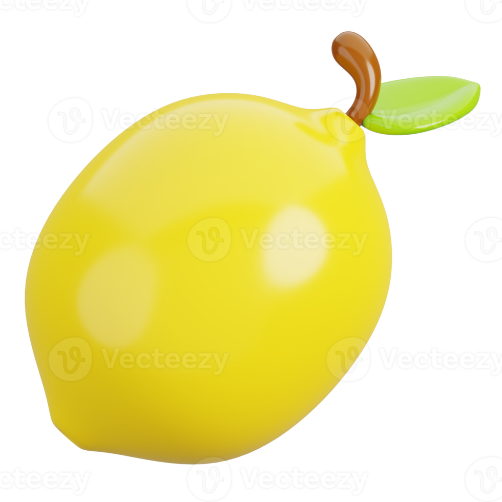 Fresh lemon with leaf isolated. Cartoon fruits icon. 3d render illustration. png