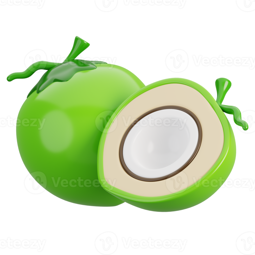 Coconut in half fruit isolated. Cartoon fruits icon. 3d render illustration. png