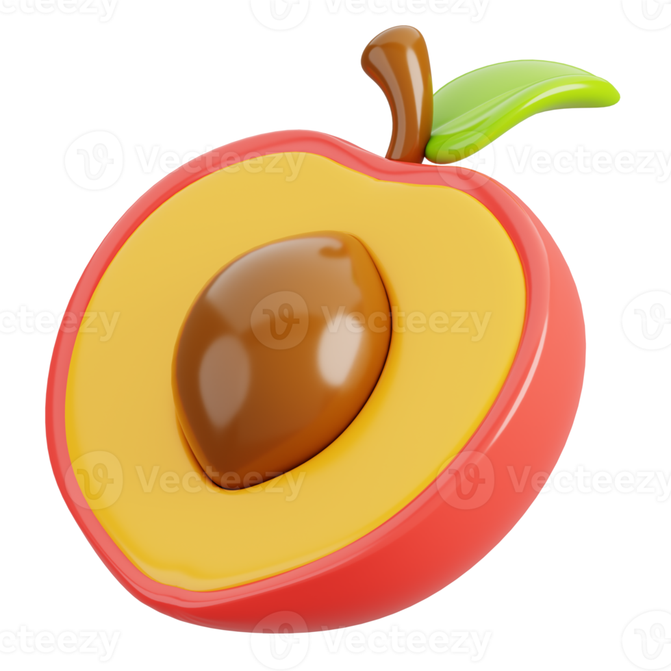 Fresh peach half with green leaf isolated. Cartoon fruits icon. 3d render illustration. png