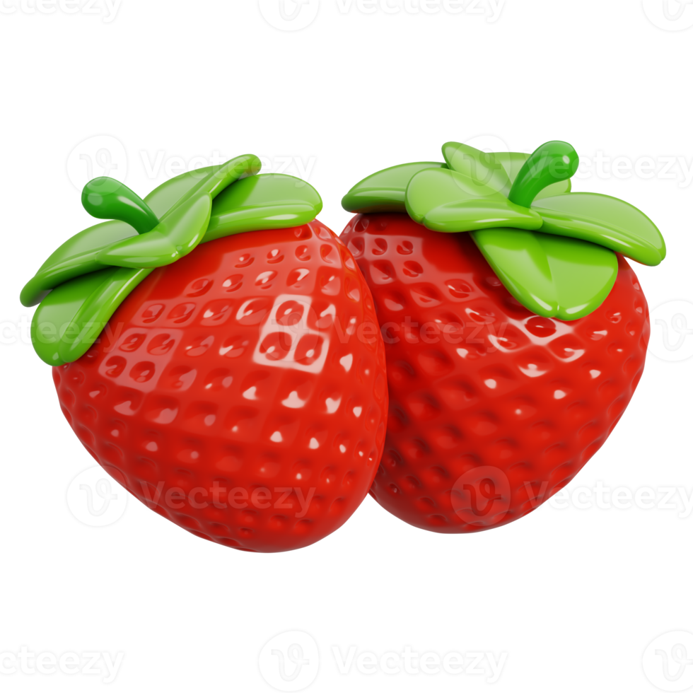 Fresh two strawberries with green leaves isolated. Cartoon fruits icon. 3d render illustration. png