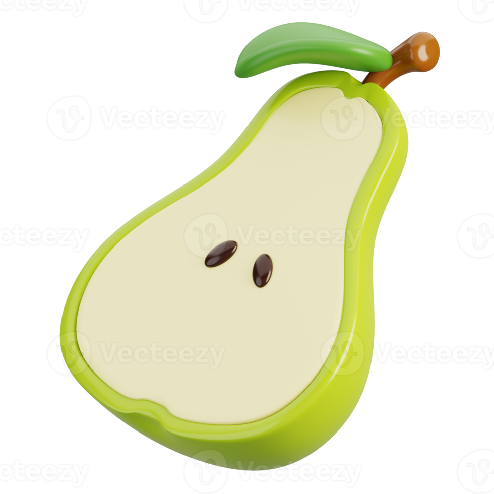 Fresh green pear half with leaf isolated. Cartoon fruits icon. 3d render illustration. png