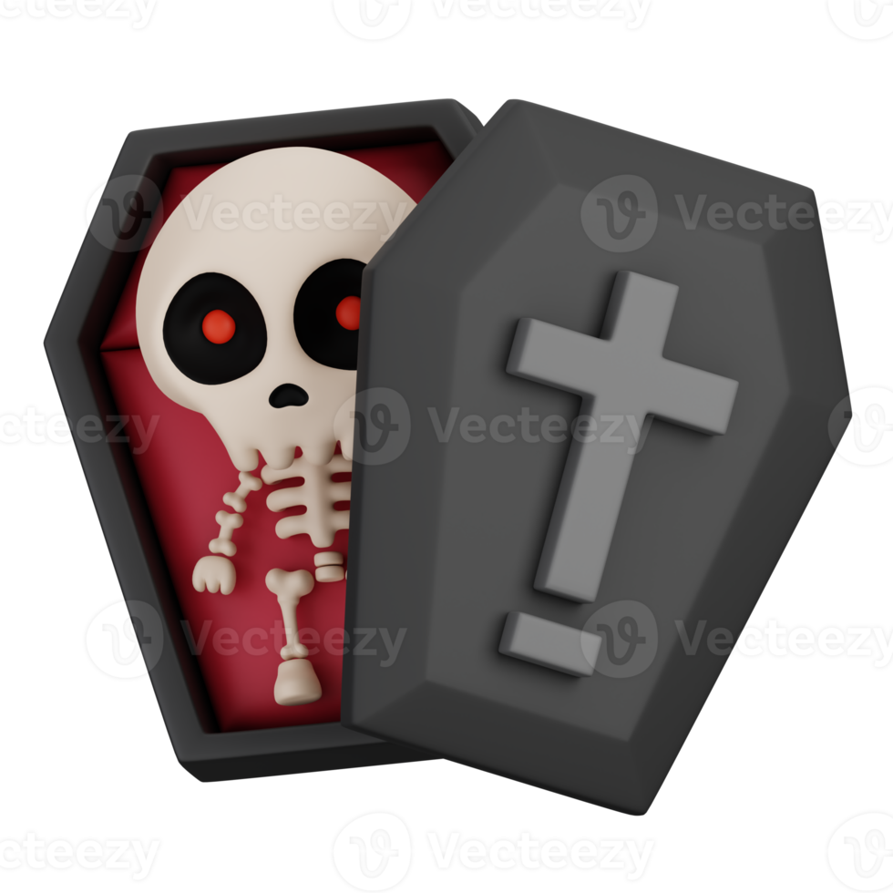 Funny Halloween Cartoon Character Skeleton in Coffin isolated. 3d Render Illustration png