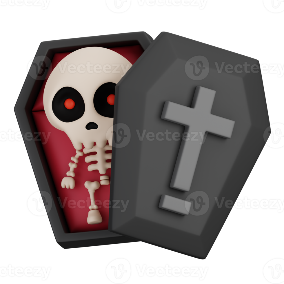 Funny Halloween Cartoon Character Skeleton in Coffin isolated. 3d Render Illustration png