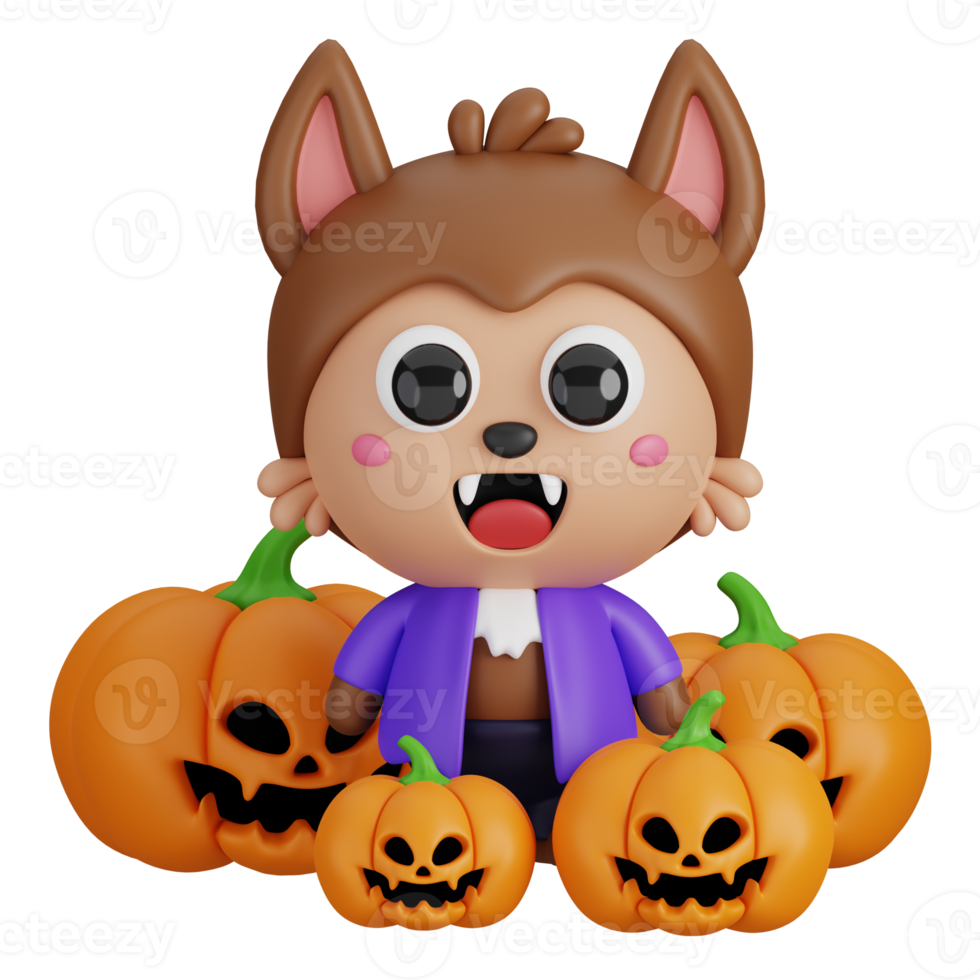 Funny Halloween Cartoon Character Werewolf with Pumpkin Lanterns isolated. 3d Render Illustration png