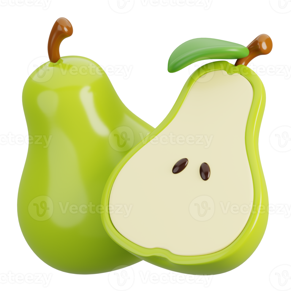 One and a half green pear isolated. Cartoon fruits icon. 3d render illustration. png