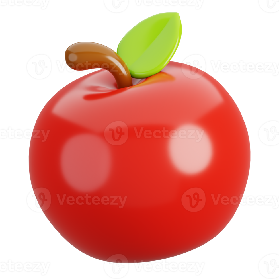 vers rood appel met groen blad geïsoleerd. tekenfilm fruit icoon. 3d geven illustratie. png