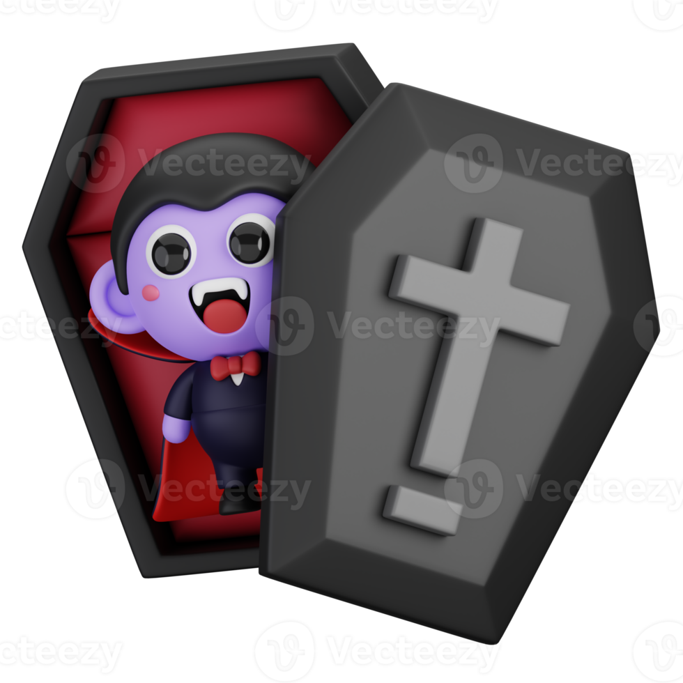 Funny Halloween Cartoon Character Vampire Dracula in Coffin isolated. 3d Render Illustration png