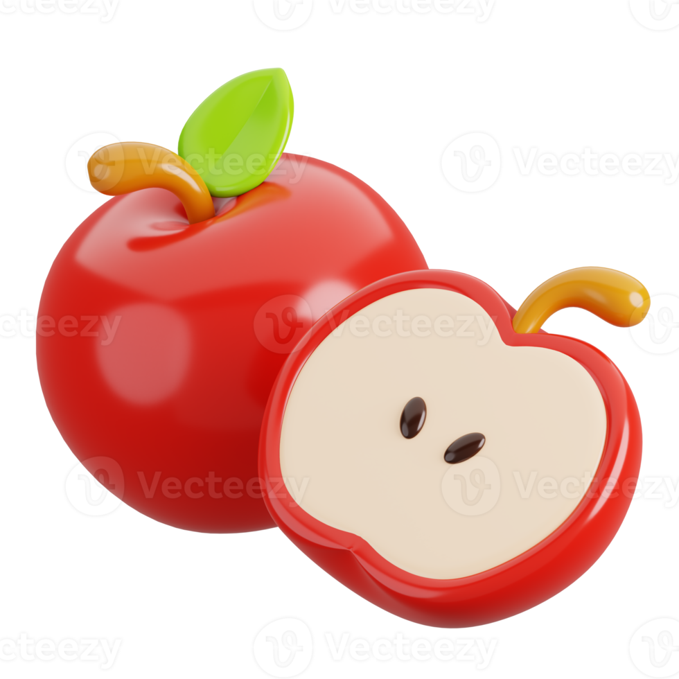 Fresh red apple fruit with cut in half isolated. Cartoon fruits icon. 3d render illustration. png