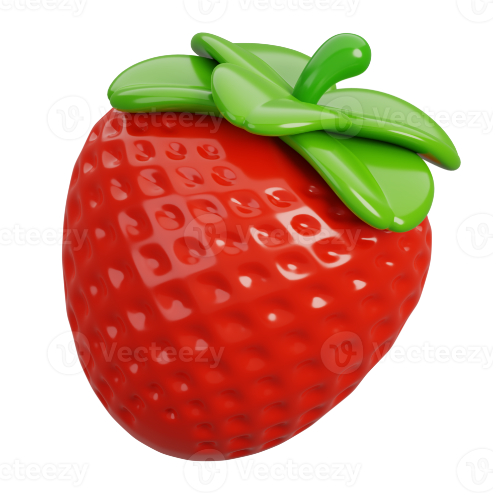 Fresh one strawberry with green leaves isolated. Cartoon fruits icon. 3d render illustration. png