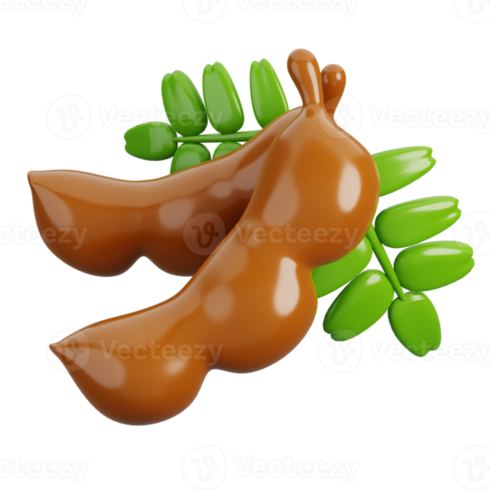 Fresh Tamarind fruits with green leaves isolated. Cartoon fruits icon. 3d render illustration. png