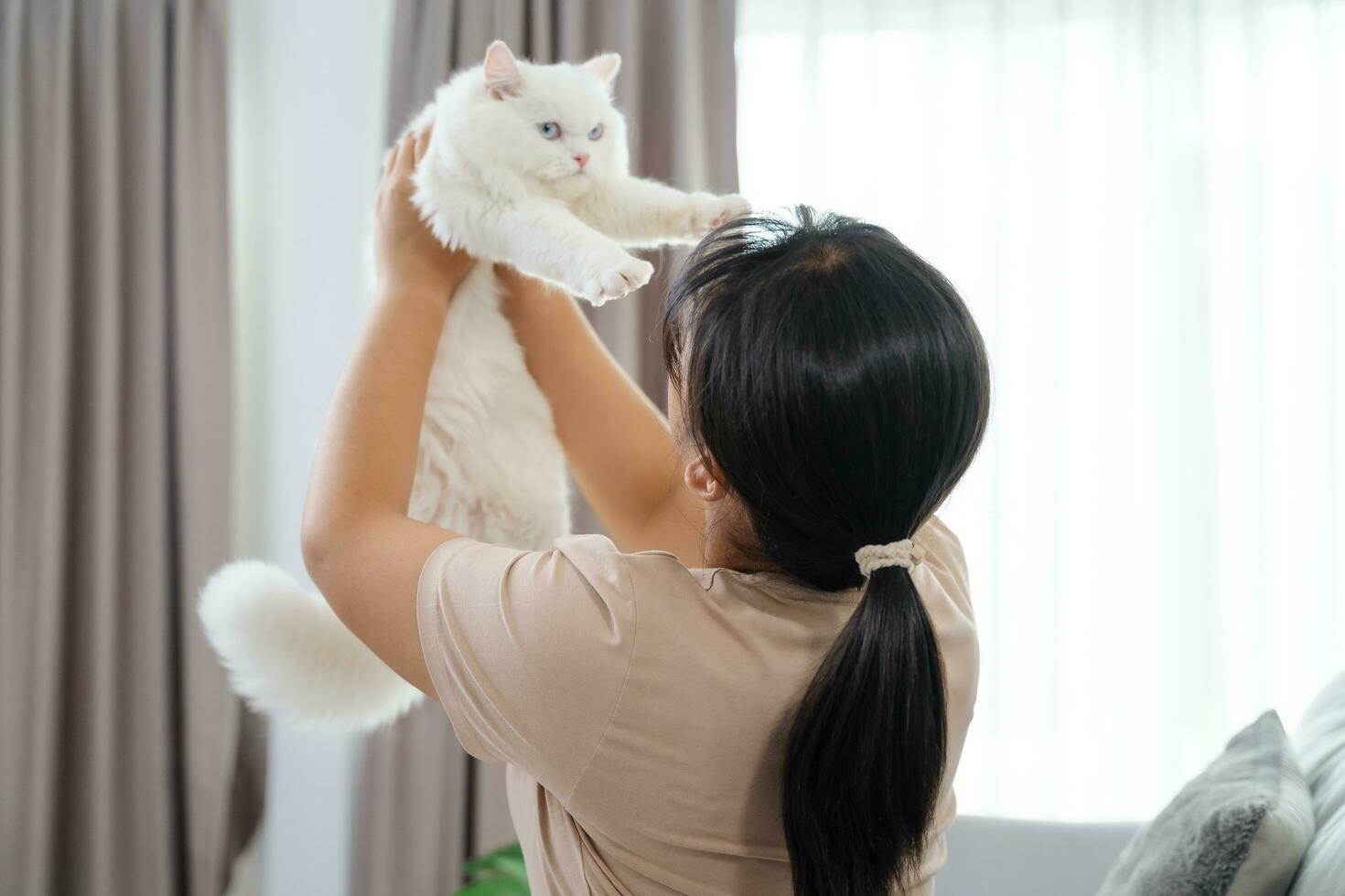 Happy Woman Playing with Cat in Cozy Living Room at Home. photo