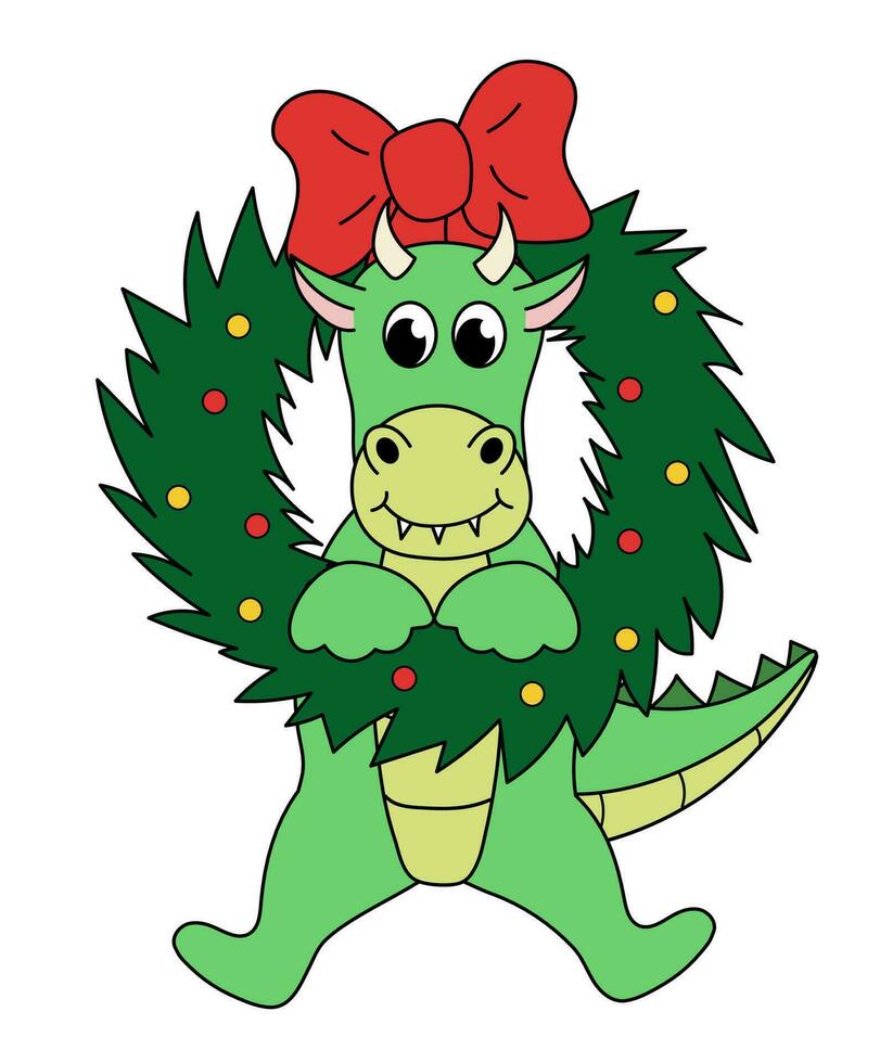 Cartoon Christmas and New Year Dragon character. Cute Dragon in wreath. Vector flat illustration.