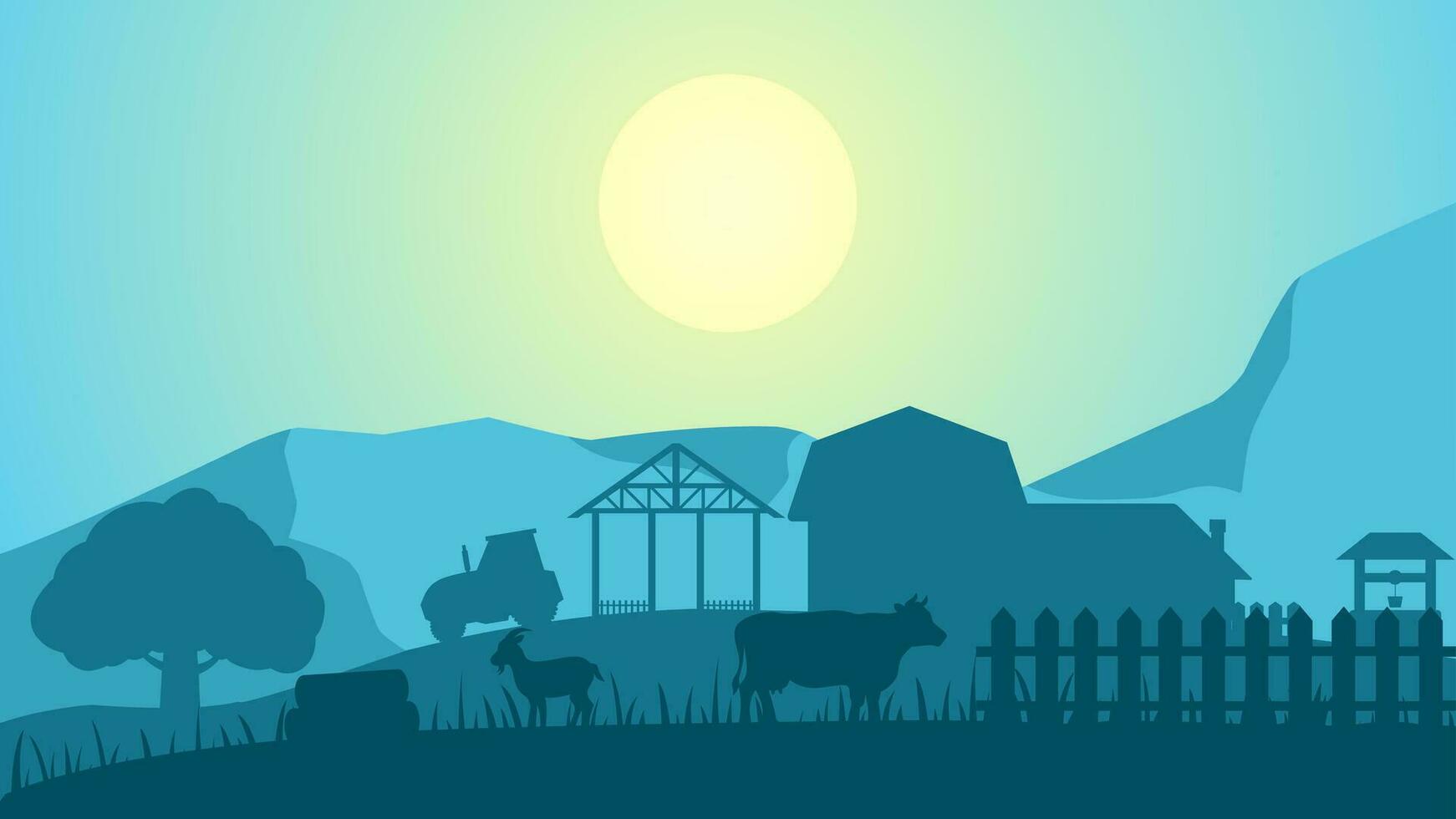 Countryside in the morning landscape vector illustration. Farm silhouette landscape with barn, tractor and livestock. Rural agriculture silhouette for background, wallpaper or landing page