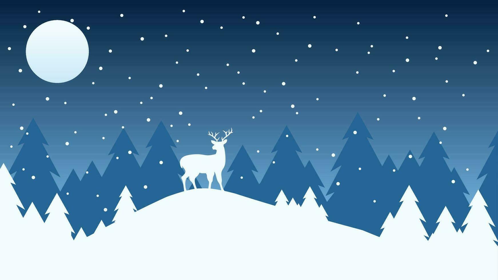 Winter in the night landscape vector illustration. Winter background with reindeer and pine forest at the snow hill. Silhouette of cold season landscape for background or wallpaper