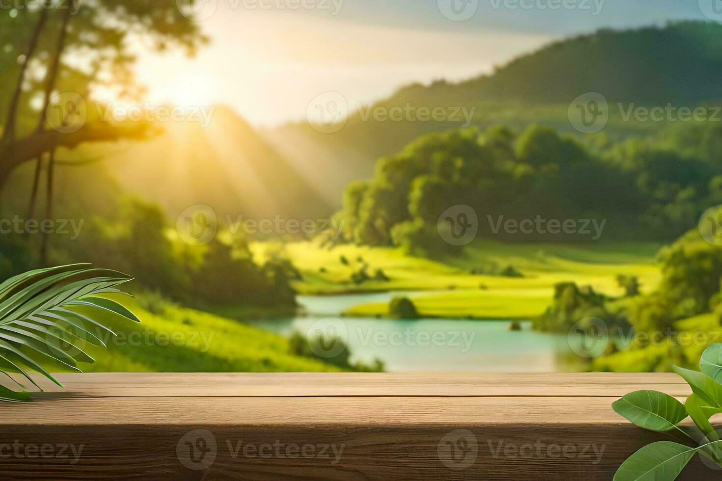 A Product Display table in the middle of a Forest Scenery Photo Premade background AI Generative