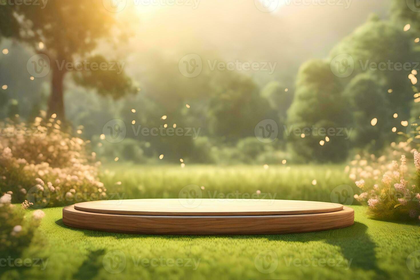 An Empty Rustic Wood Product Display Podium Surrounded by Foliage Premade Photo Mockup Background AI Generative