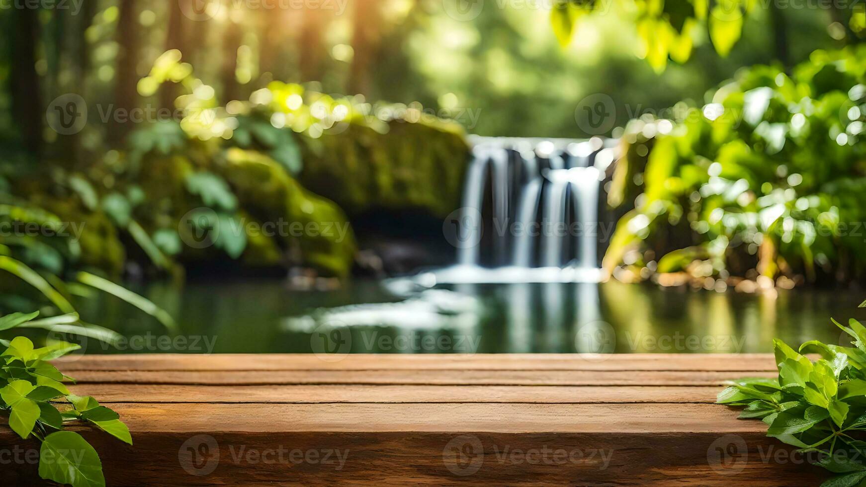 An Empty Rustic Wood Product Display Table In The Middle Of A Forest With Beautiful Waterfall View Premade Photo Mockup Background AI Generative