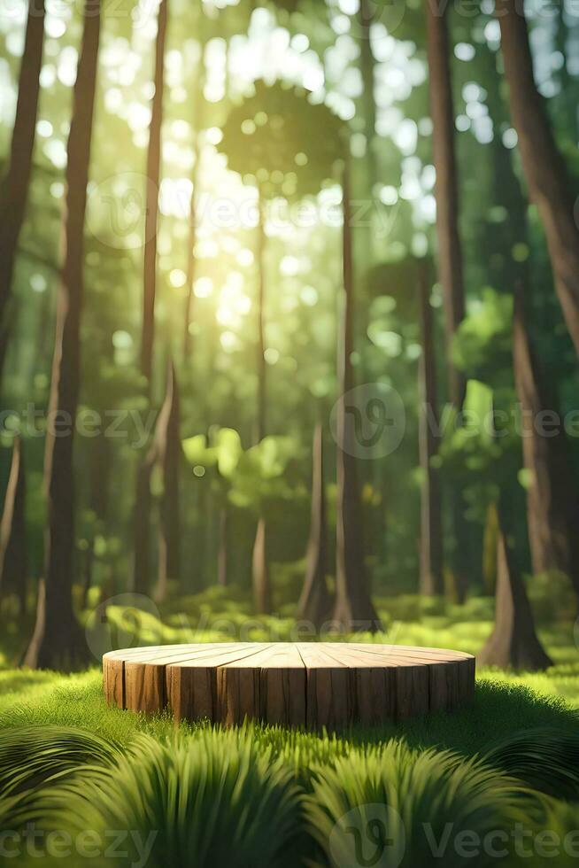 un rústico de madera podio rodeado por arboles en el al aire libre naturaleza bosque paisaje foto antecedentes ai generativo