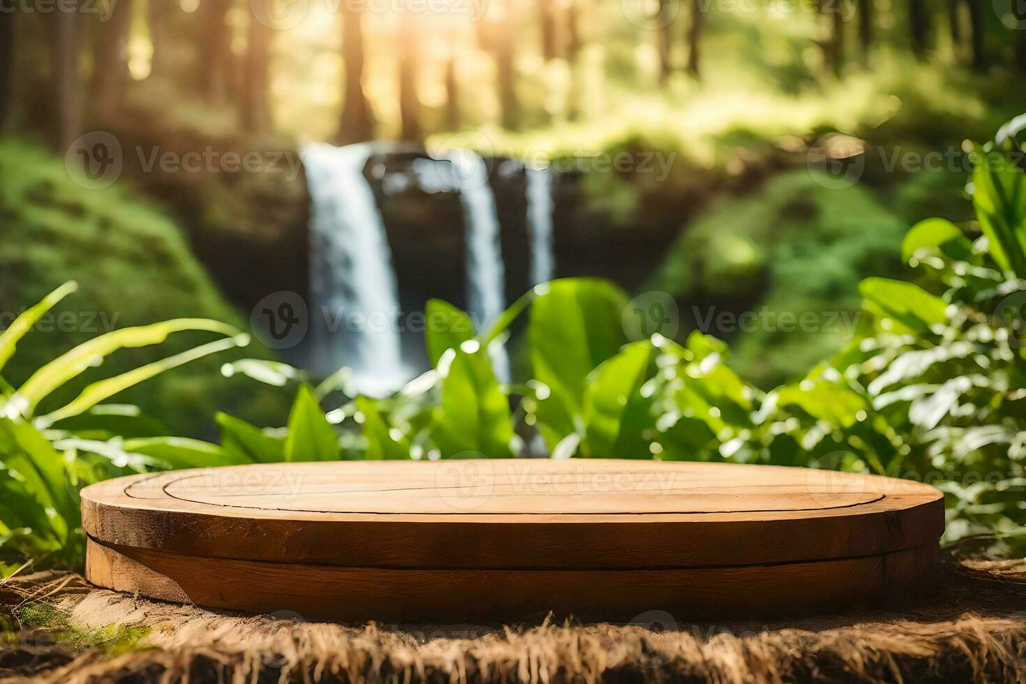 An Empty Rustic Wooden Product Display Podium In The Middle Of A Waterfall Forest Premade Photo Mockup Background AI Generative