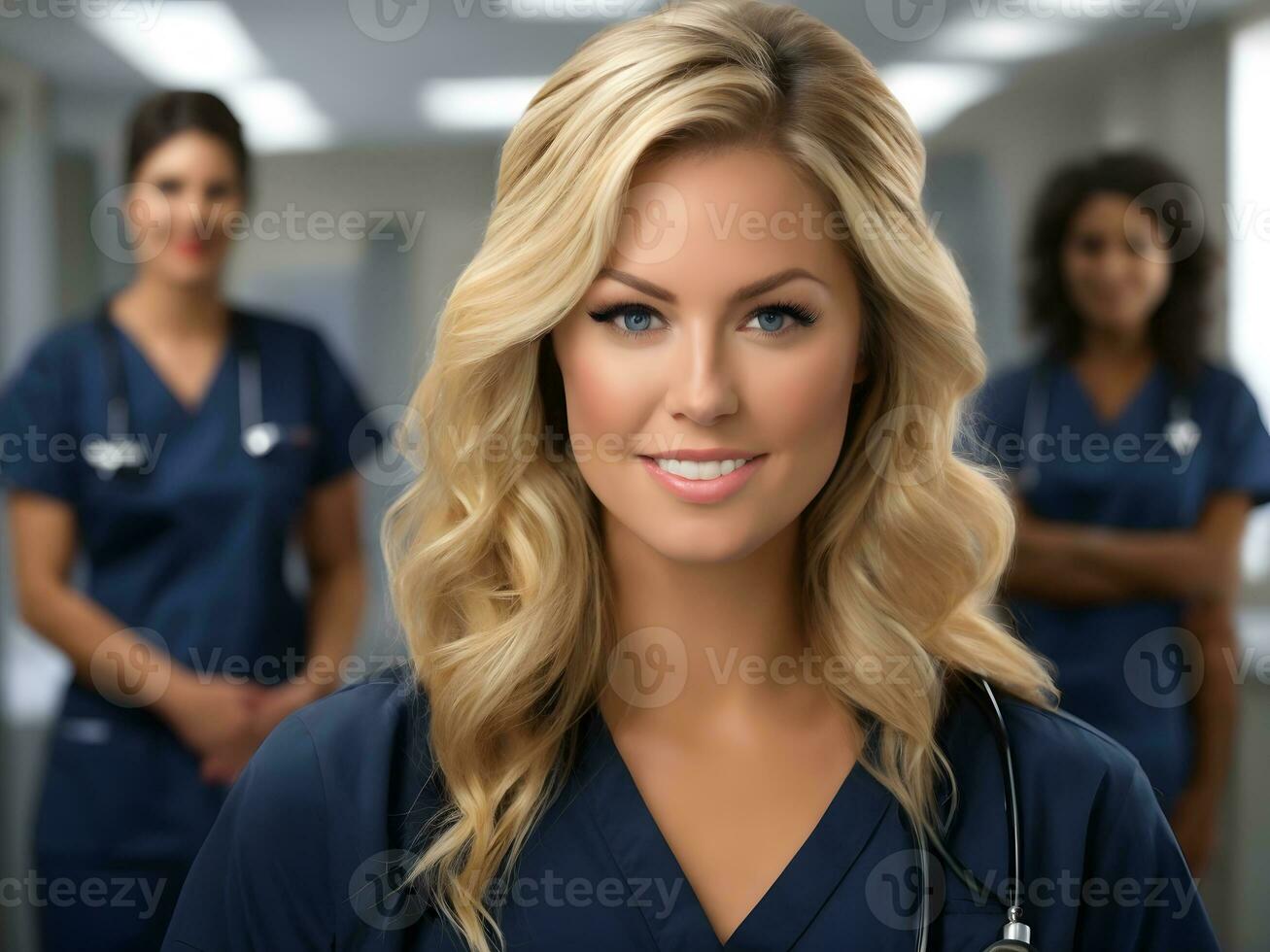 AI Generated a stinking blonde nurse with straight hair  Wearing dark navy blue nursing scrubs photo