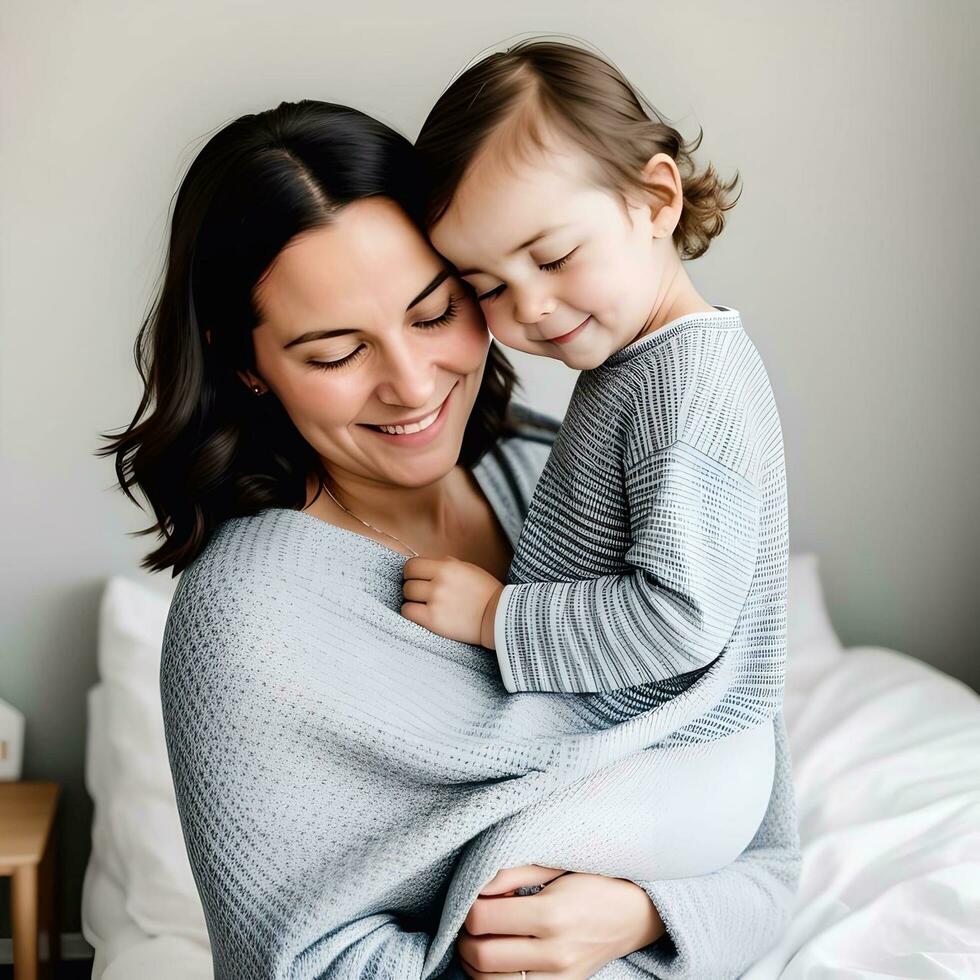 A cheerful woman and toddler, embracing in a bedroom Ai generative photo