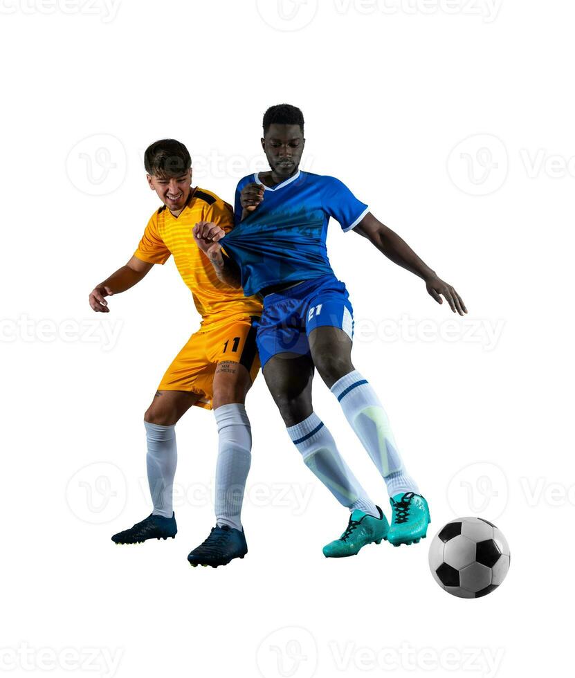 Football scene with competing soccer players at the stadium photo