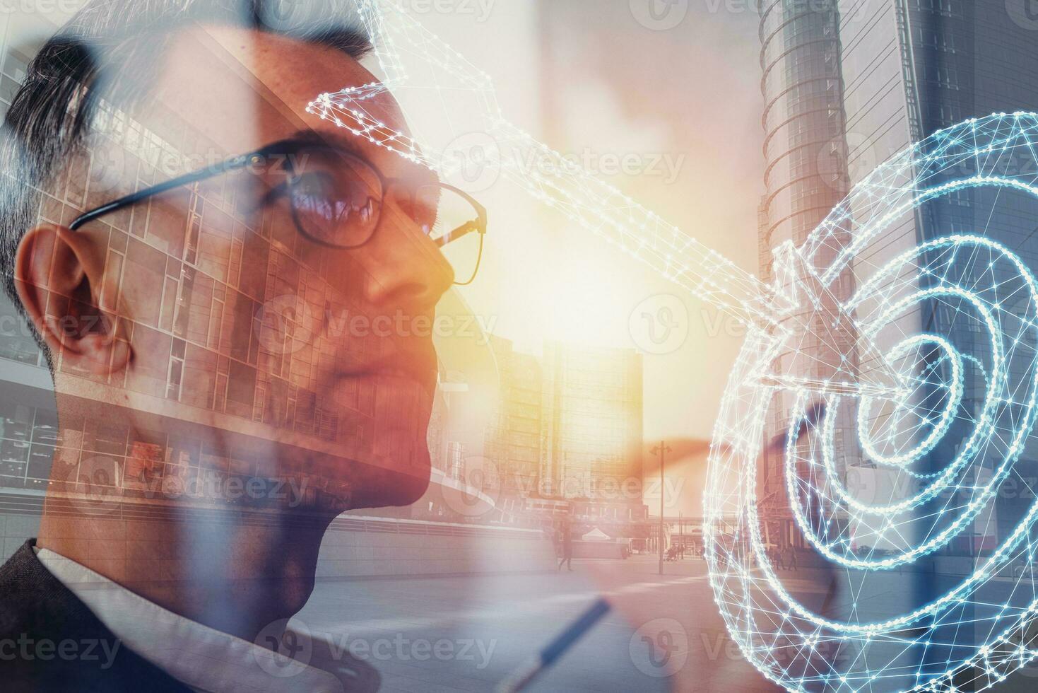 Successful man works to achieve the goals. double exposure effects photo