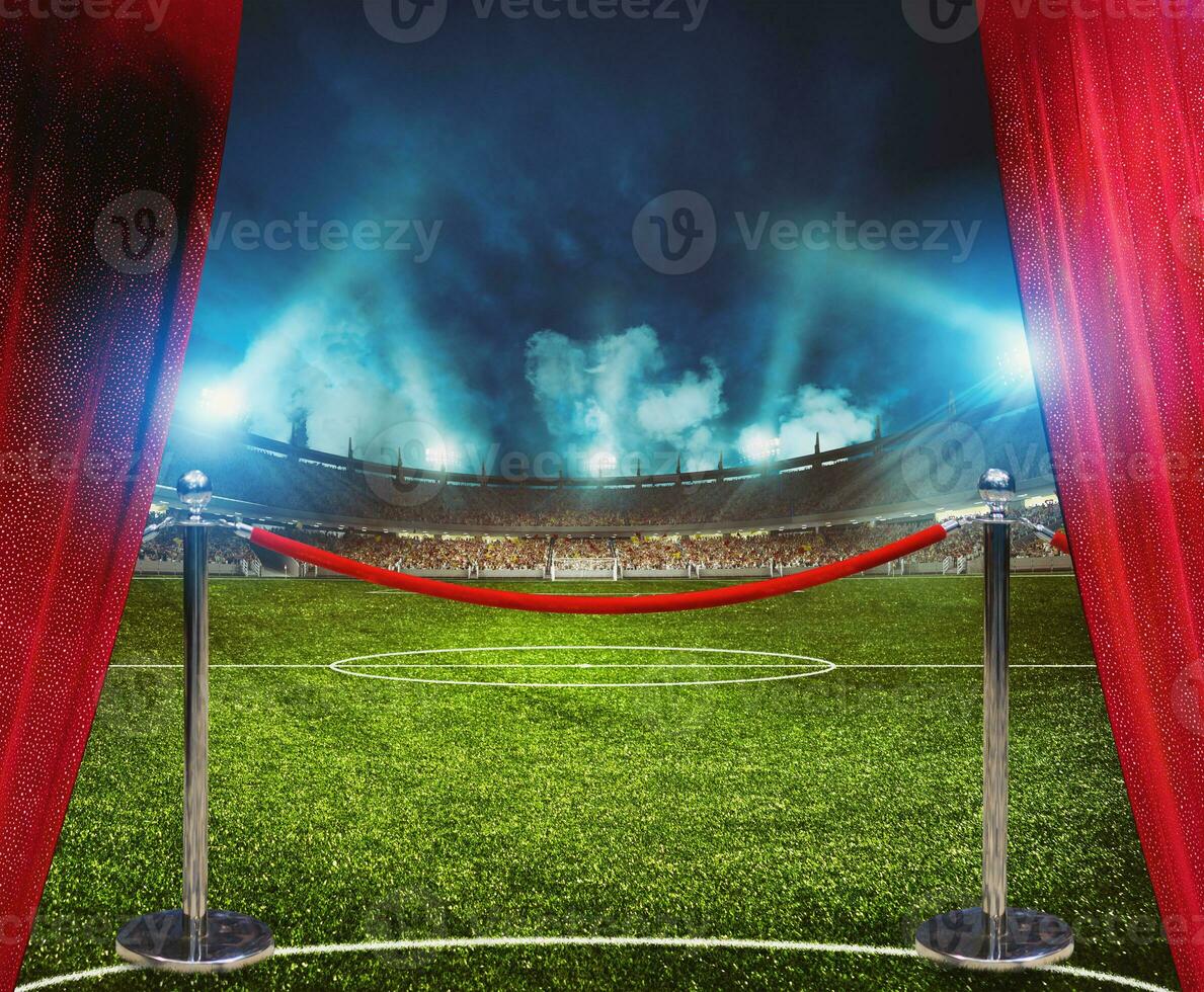 Football stadium with losed event of VIP soccer match delimited by barriers red rope line photo