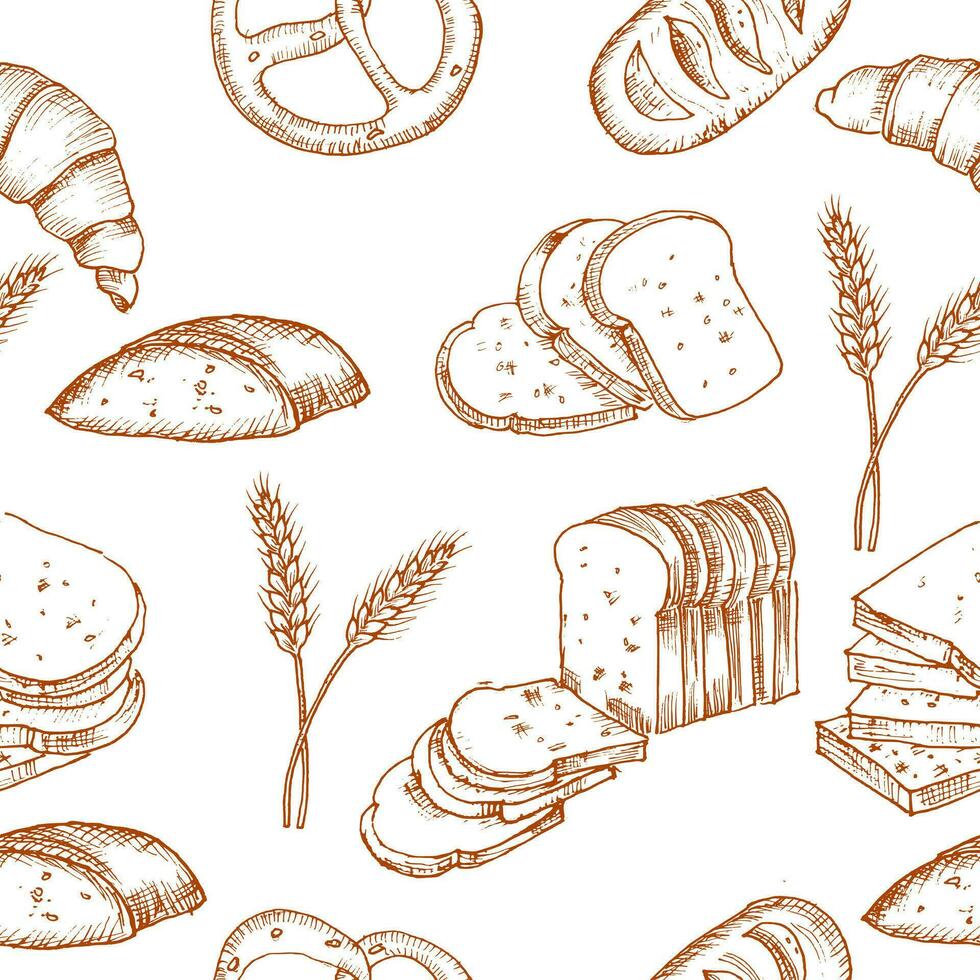 Hand Drawn Bread and Wheat Grass Seamless Pattern vector