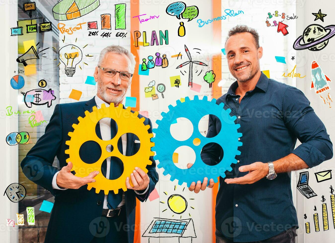 Business team work together and combine pieces of gears of a new creative project photo